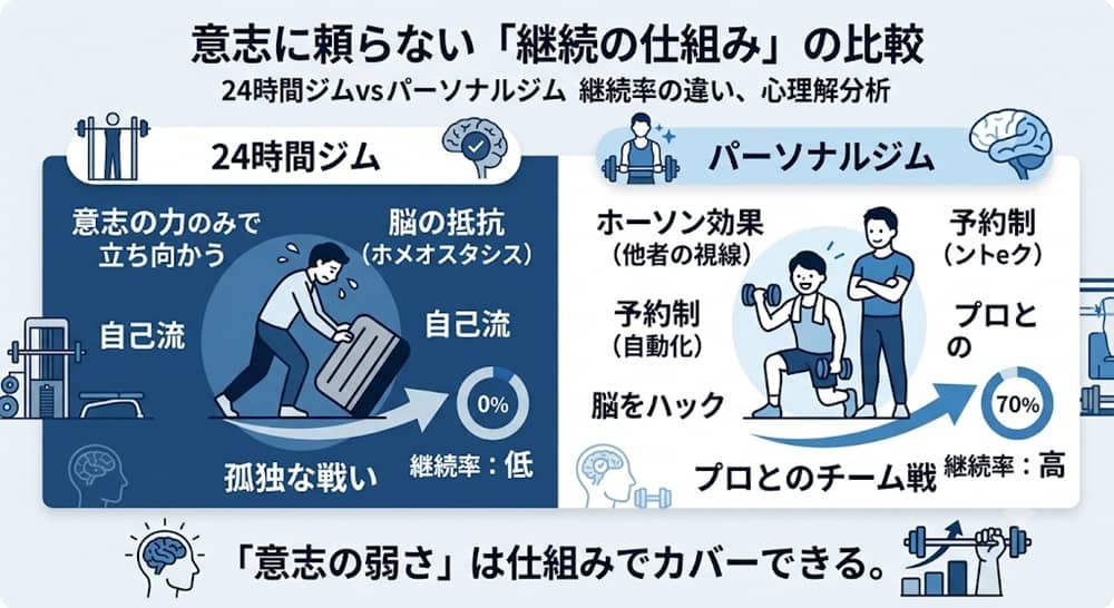 24時間ジムとパーソナルジムの特徴を比較